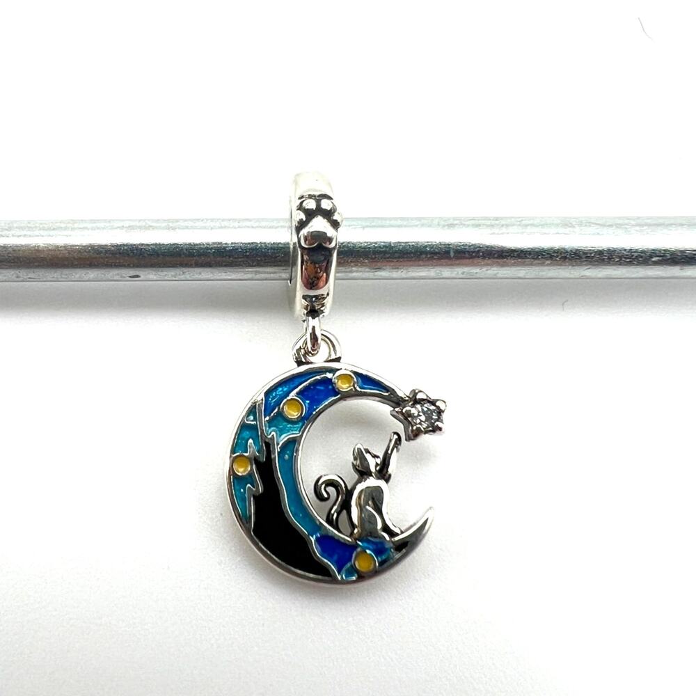 NEW Glow-in-the-dark Cat on Crescent Moon Charm for European Bracelet